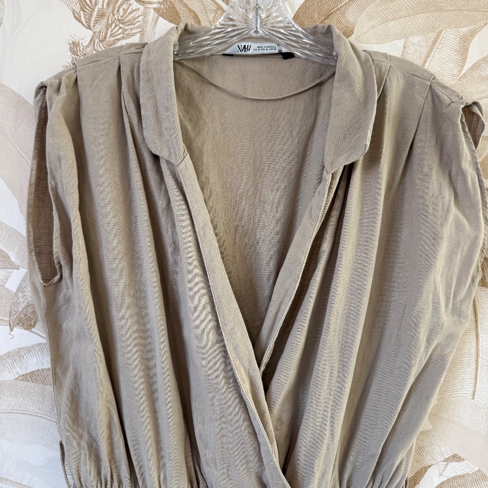 Beige Linen Blend Jumpsuit – Sleeveless Wrap Front Utility Romper - Picture 2 of 4